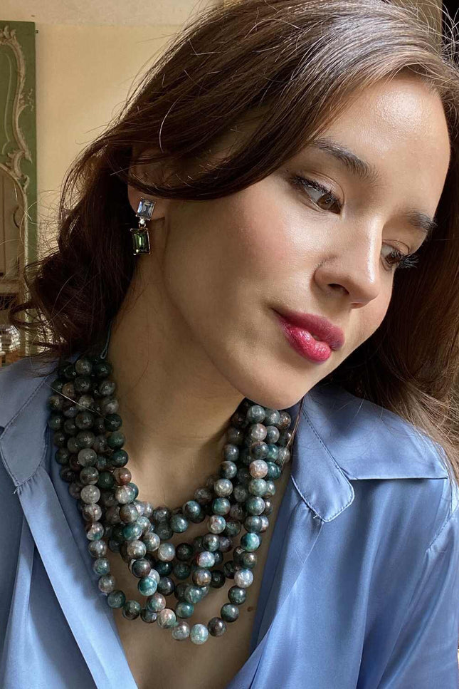 Michael Nash Jewelry | Isadora Multi-Strand Green Onyx Resin Necklace With Vegan Adjustable Clasp