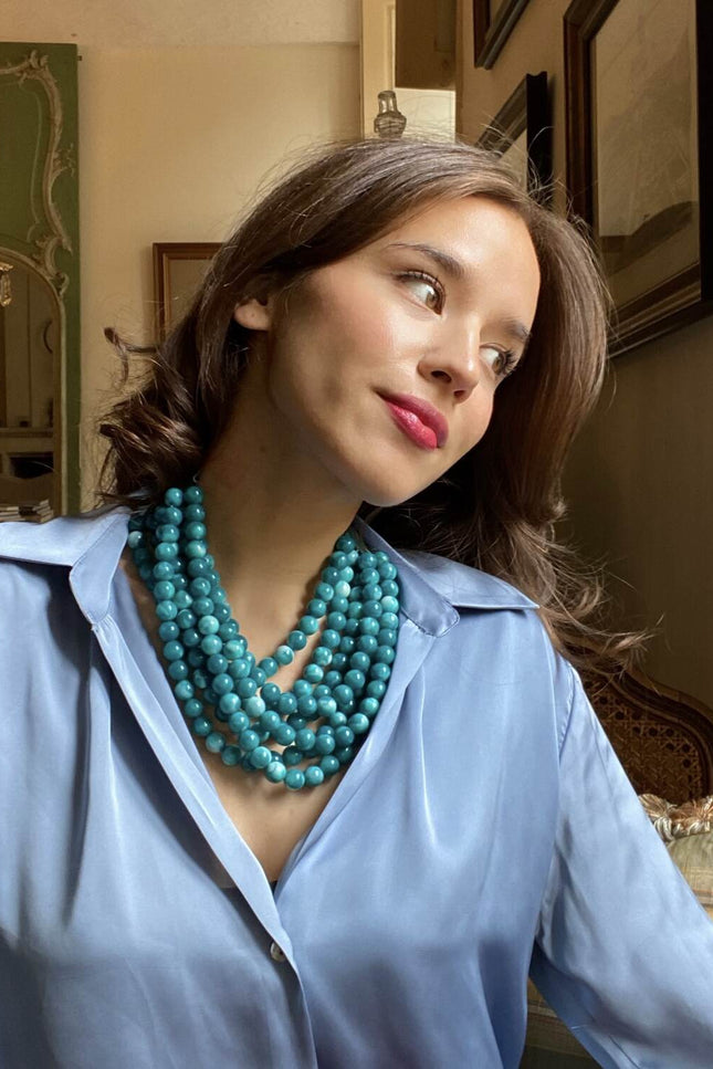 Michael Nash Jewelry | Isadora Multi Shades Of Turquoise Multi Strand Resin Necklace With Ivory Vegan Adjustable Clasp