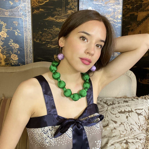 Michael Nash Jewelry | Large Emerald Silk Covered Wood Bead Necklace