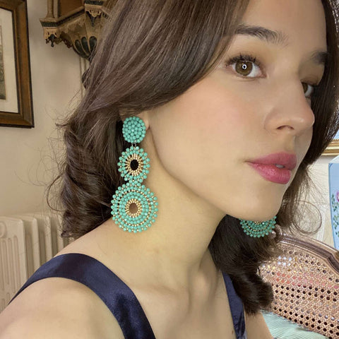 Michael Nash Jewelry | Turquoise And Gold Glass Clip On Boho Drop Earrings