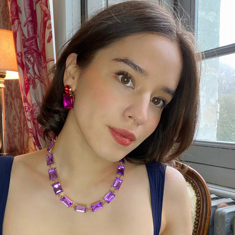 Michael Nash Jewelry | Fuschia Crystal Ocatgon And Ruby Round Stone Drop Earrings