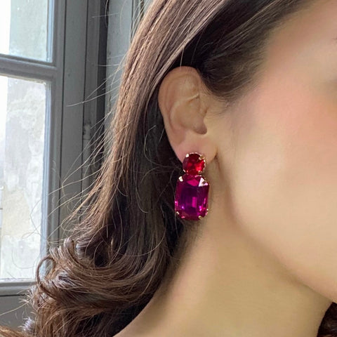 Michael Nash Jewelry | Fuschia Crystal Ocatgon And Ruby Round Stone Drop Earrings