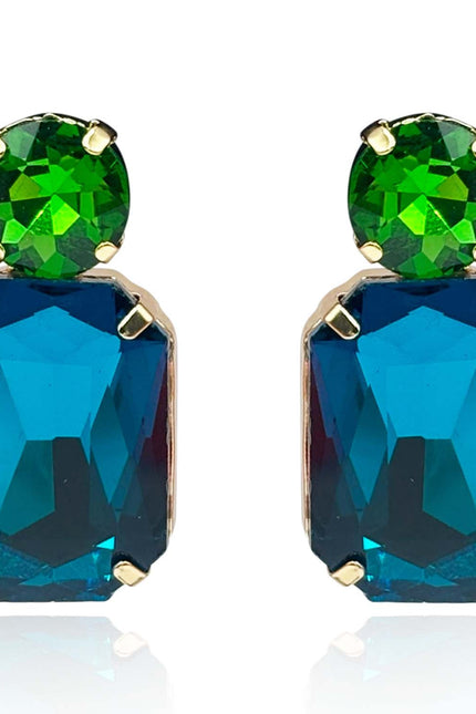 Michael Nash Jewelry | Adelle Peacock Blue Crystal Ocatgon And Green Tourmaline Round Stone Drop Earrings