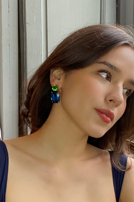 Michael Nash Jewelry | Adelle Peacock Blue Crystal Ocatgon And Green Tourmaline Round Stone Drop Earrings