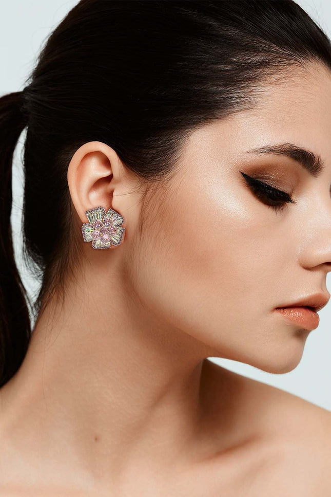 Michael Nash Jewelry | Fausta Pink Sapphire And Baguette Crystal Clip On Button Earrings