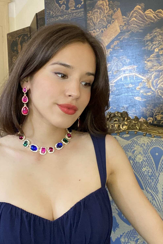 Michael Nash Jewelry | Giuseppa Triple Pear Shape Fuschia Glass Drop Earrings