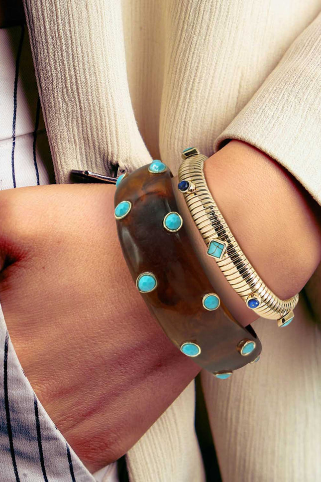 Michael Nash Jewelry | Seraphina Tortoise Resin Bangle With Turquoise Glass Stones In Gold-Plated Brass Settings