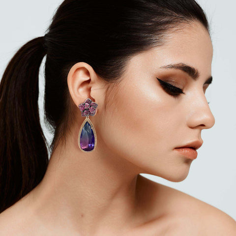 Michael Nash Jewelry | Ruby Cubic Zirconium Flower With Elongated Amethyst Cubic Zirconium Pear Drop Earrings