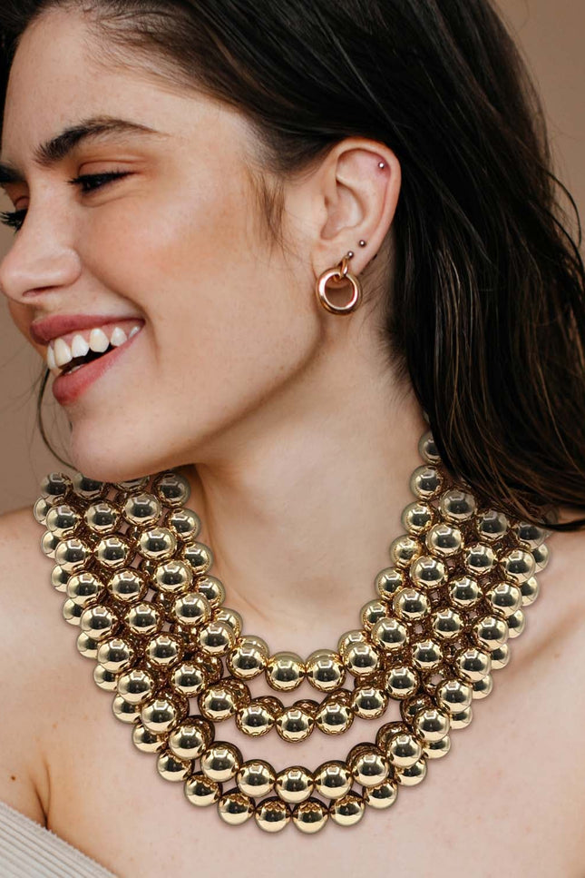 Michael Nash Jewelry | Isadora Multi-Strand Gold-Plated Resin Bead Necklace With Black Vegan Leather Clasp