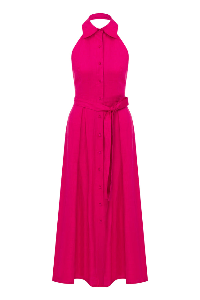 Nazli Ceren | Carrie Linen Midi Dress in Berry Pink