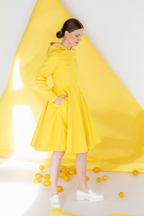 RainSisters Yellow Sun coat - feminine full-circle skirt and radiant color