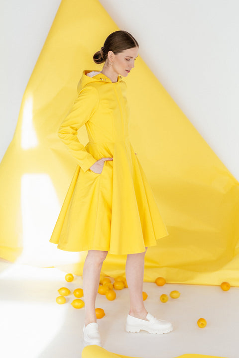 RainSisters | Fitted and Flared Coat with Full Circle Skirt in Bright Yellow 'Yellow Sun'