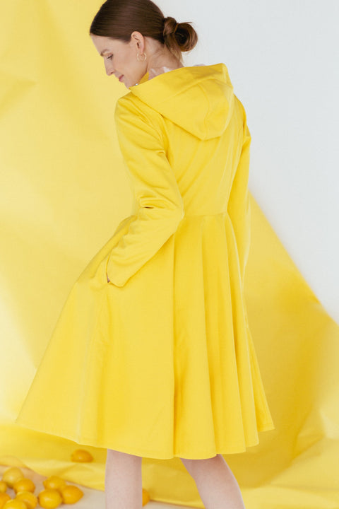 RainSisters | Fitted and Flared Coat with Full Circle Skirt in Bright Yellow 'Yellow Sun'