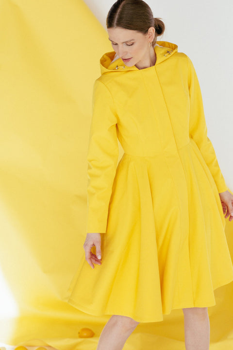 RainSisters | Fitted and Flared Coat with Full Circle Skirt in Bright Yellow 'Yellow Sun'