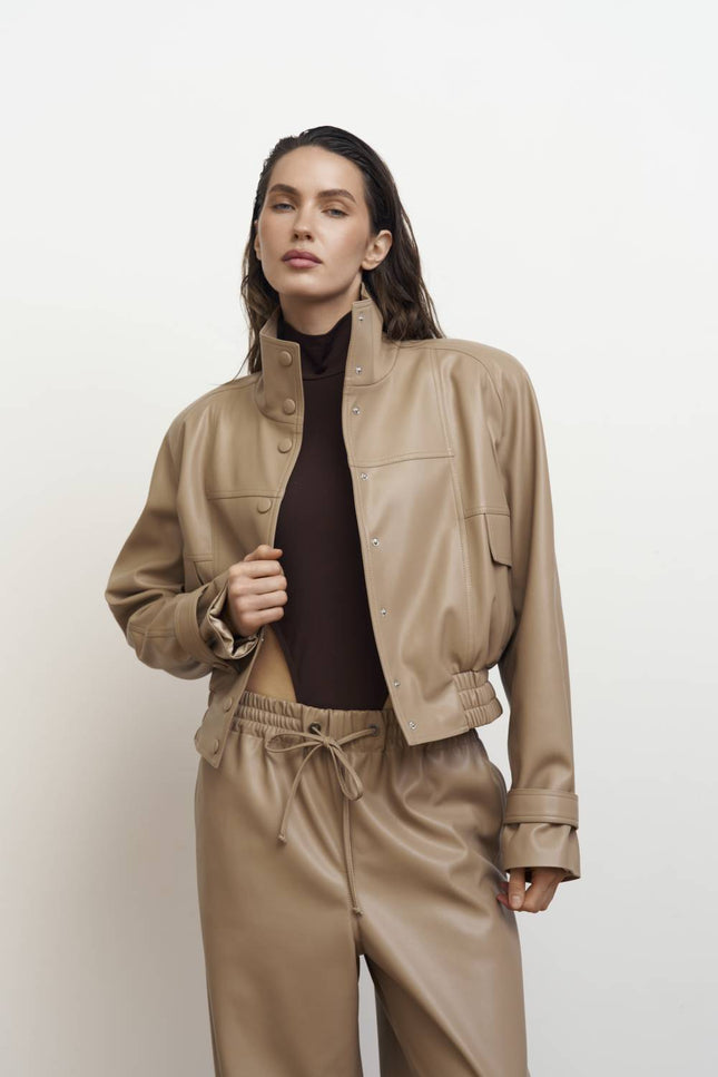 Kolosova | Beige Eco-Leather Bomber Jacket
