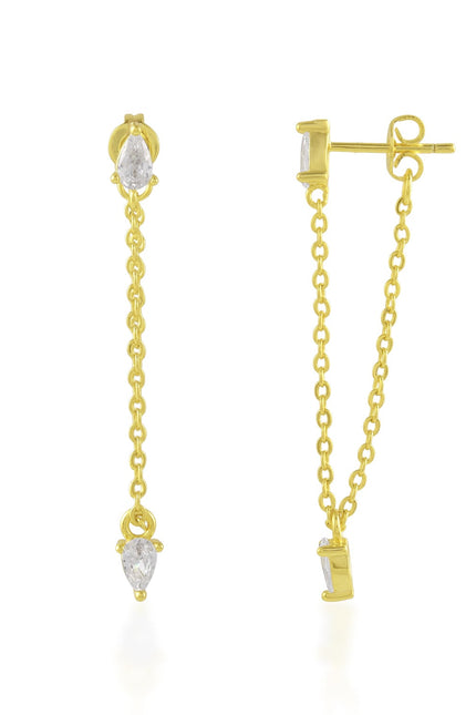 Gold Plated earrings with teardrop-shaped zircon on a white background
