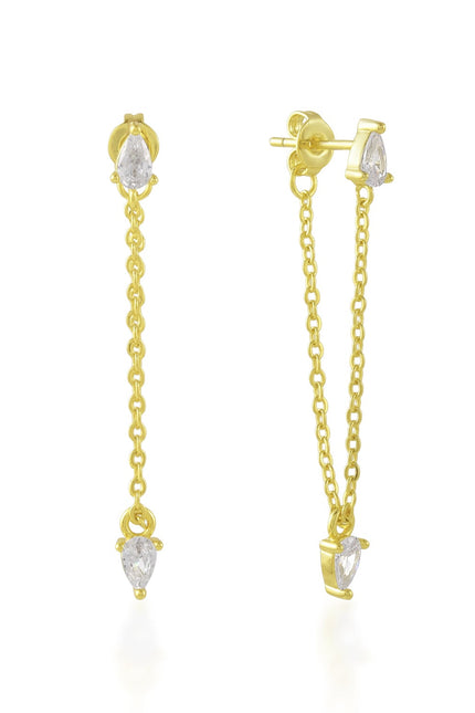 Gold Plated threader earrings with pear-shaped Zircone on a white background