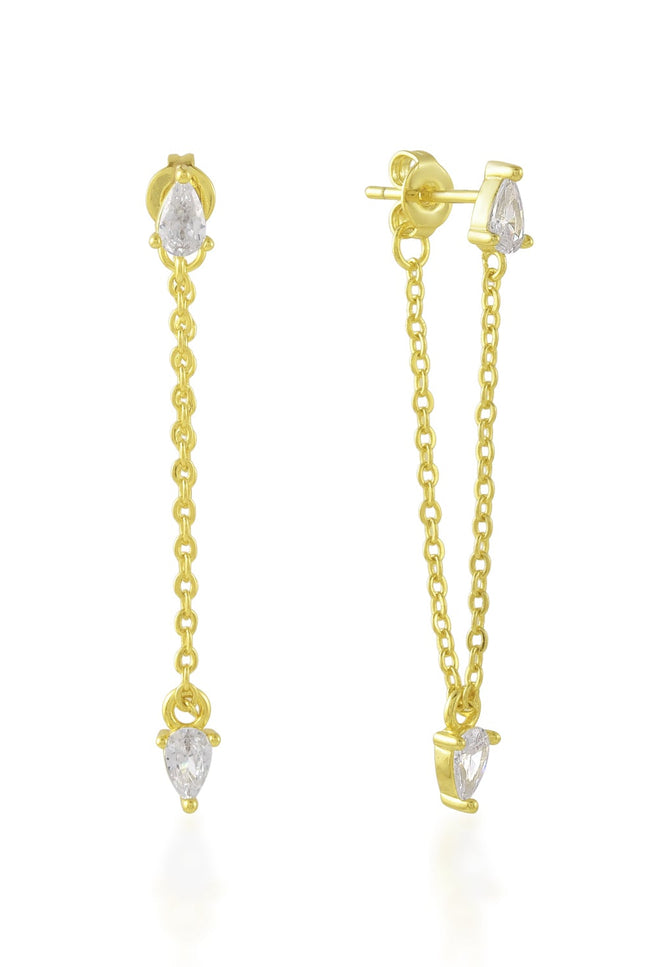 Gold Plated threader earrings with pear-shaped Zircone on a white background