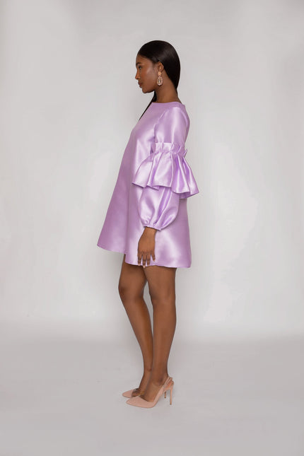 A-LINE DRESS WITH PLEATED PUFF SLEEVES IN LAVENDER - ANITABEL