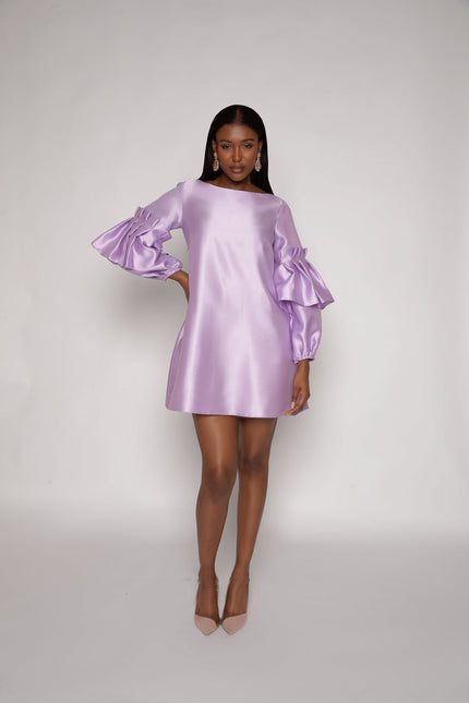 A-LINE DRESS WITH PLEATED PUFF SLEEVES IN LAVENDER - ANITABEL