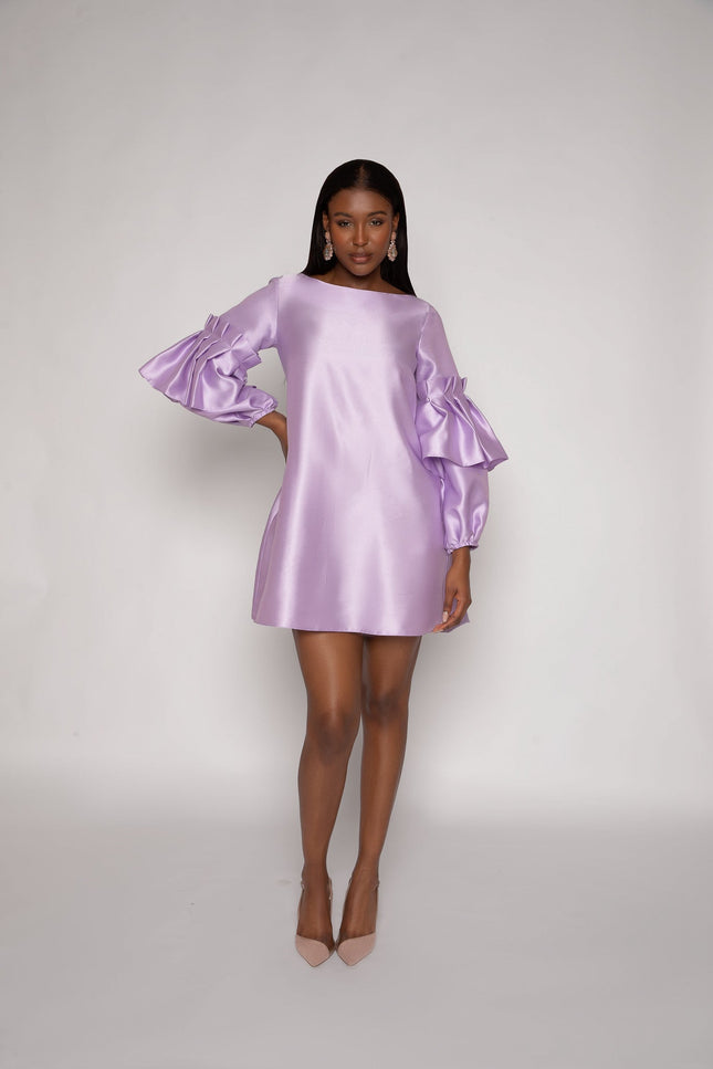 A-LINE DRESS WITH PLEATED PUFF SLEEVES IN LAVENDER - ANITABEL
