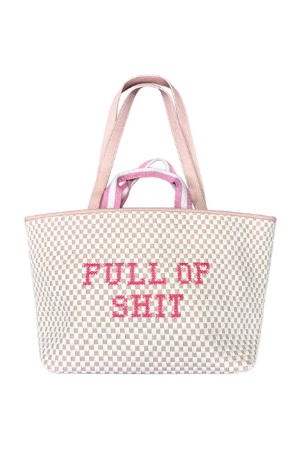 Rose pink Lilly Loves handbag with "Full Of Shit" design, stylish full-sized handbag with shoulder strap and printed text.