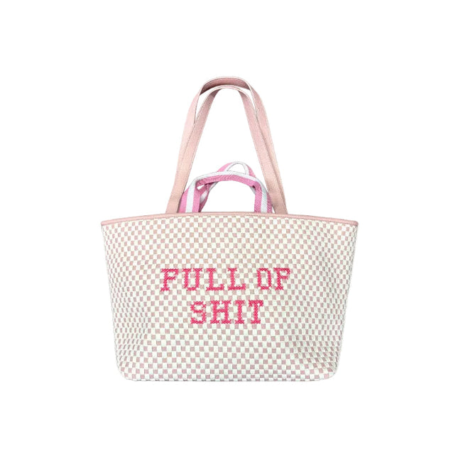Rose pink Lilly Loves handbag with "Full Of Shit" design, stylish full-sized handbag with shoulder strap and printed text.