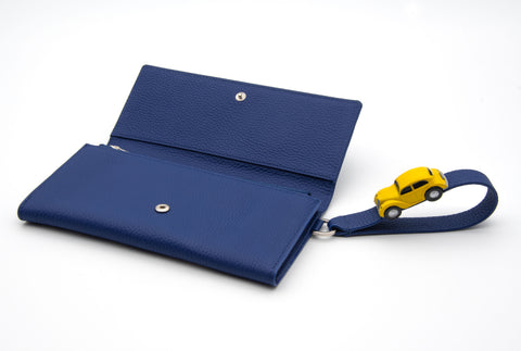 Absurde | PARKING Navy grain Leather bifold wallet with yellow car