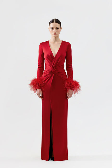 ALENA LONG RED DRAPED DRESS WITH FEATHER SLEEVES - ANITABEL
