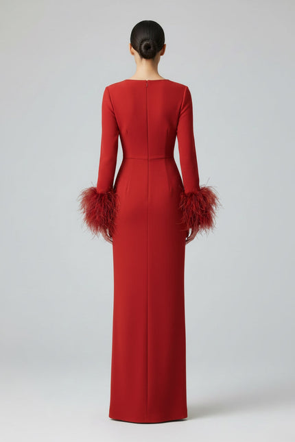 Anitabel | ALENA LONG RED DRAPED DRESS WITH FEATHER SLEEVES