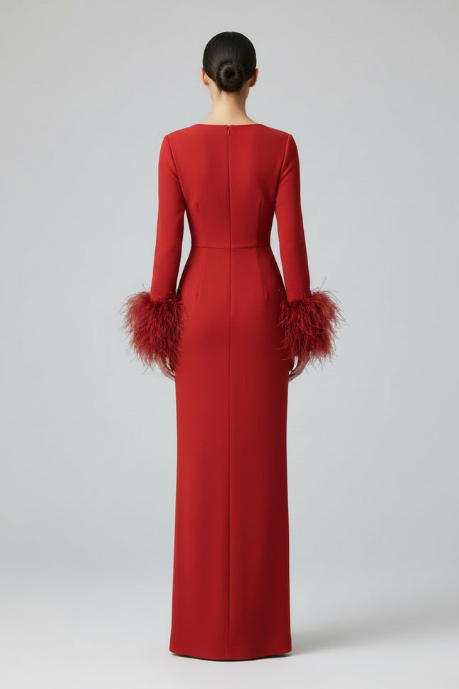Anitabel | ALENA LONG RED DRAPED DRESS WITH FEATHER SLEEVES
