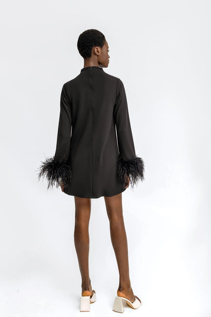 Anitabel | ALEXANDRA Black Shift Turtle Neck Dress With Feathers