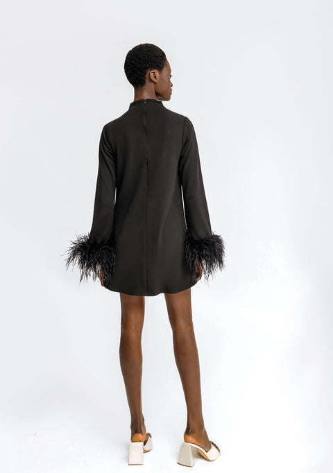 Anitabel | ALEXANDRA Black Shift Turtle Neck Dress With Feathers