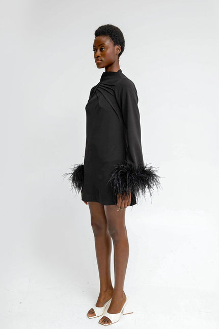 Anitabel | ALEXANDRA Black Shift Turtle Neck Dress With Feathers