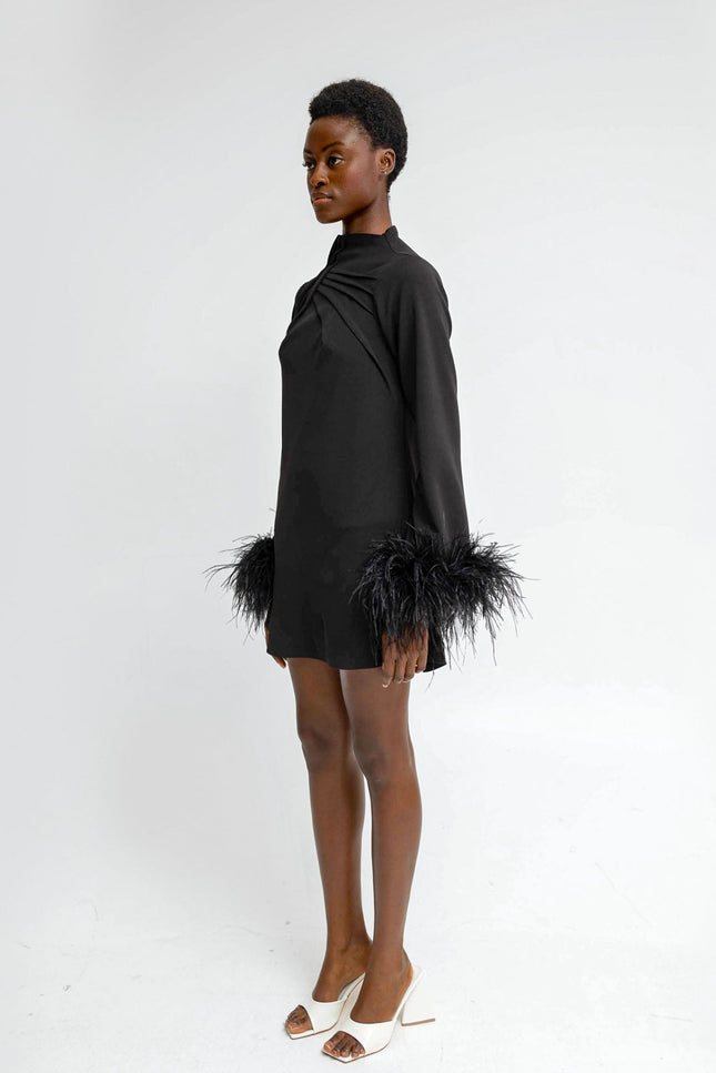 Anitabel | ALEXANDRA Black Shift Turtle Neck Dress With Feathers