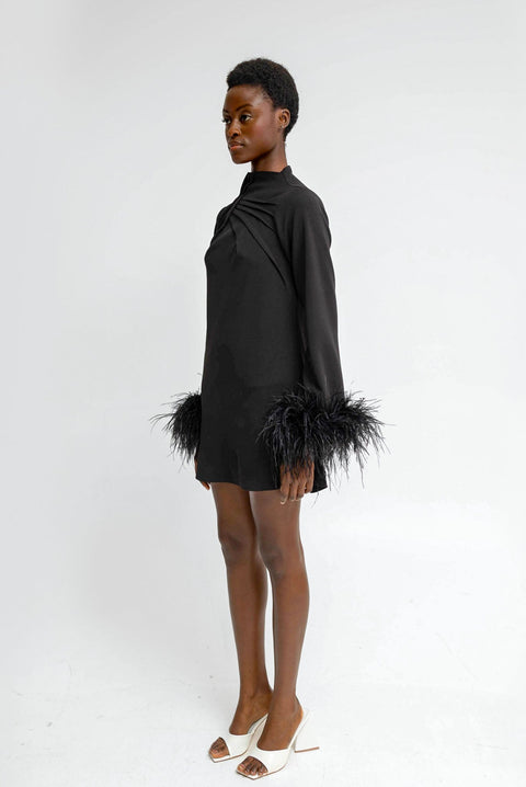 Anitabel | ALEXANDRA Black Shift Turtle Neck Dress With Feathers