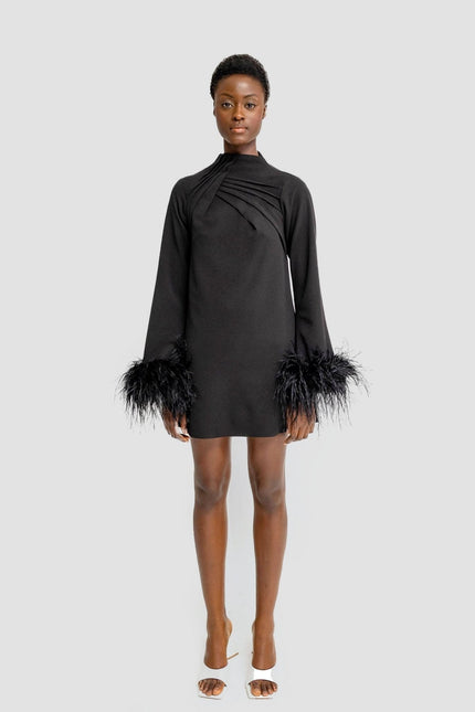Anitabel | ALEXANDRA Black Shift Turtle Neck Dress With Feathers