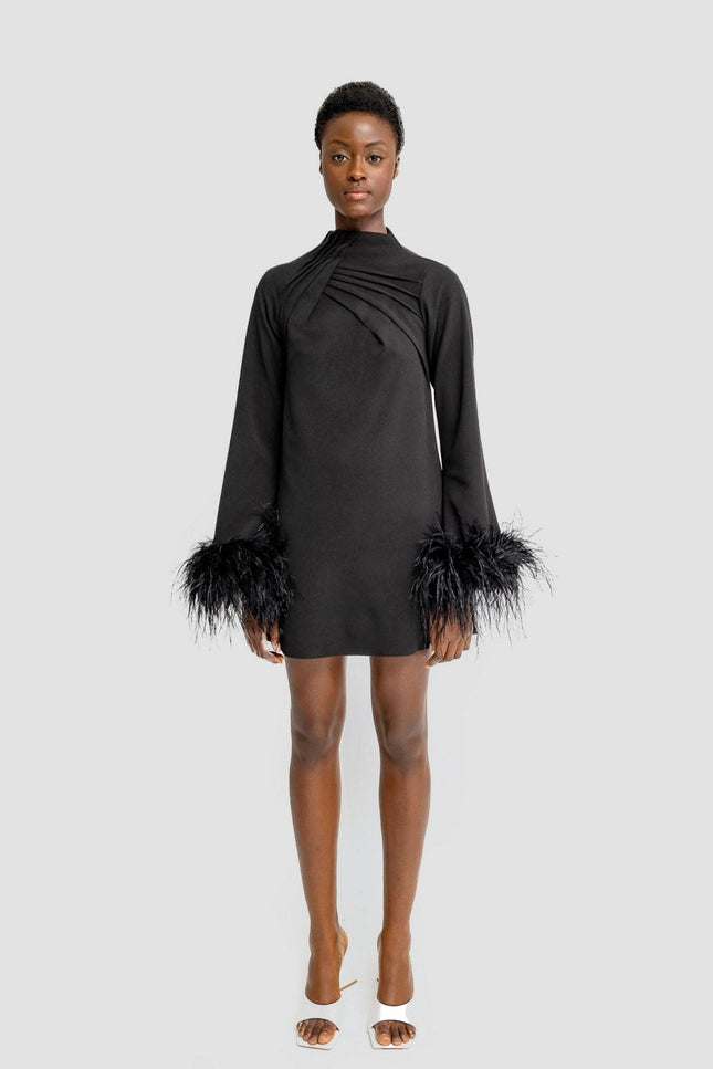 Anitabel | ALEXANDRA Black Shift Turtle Neck Dress With Feathers