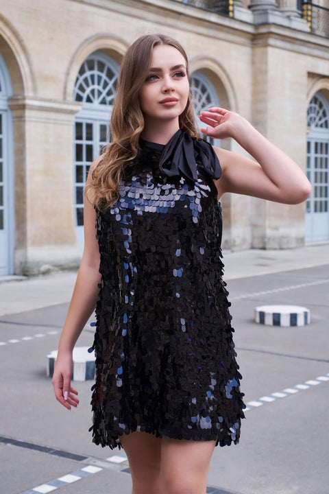 Petra Petrova | Black Payette Halter Mini Dress Alexis