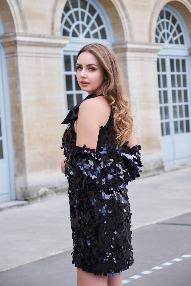 Petra Petrova | Black Payette Halter Mini Dress With Bolero Alexis