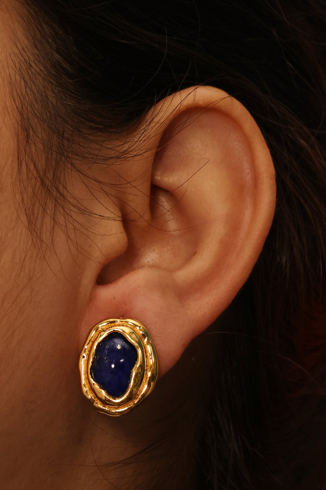 Close up shot of midnight lapis lazuli ocean Stud earrings by arvino