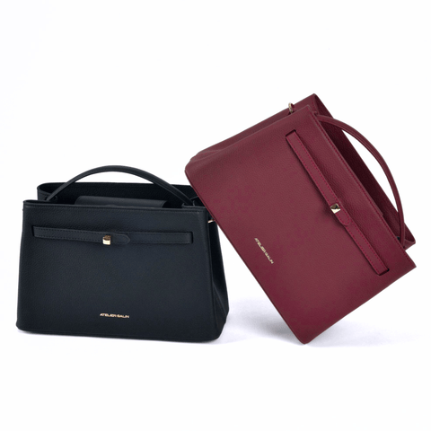Atelier Galin Cube Lock Bag burgundy black top handle 