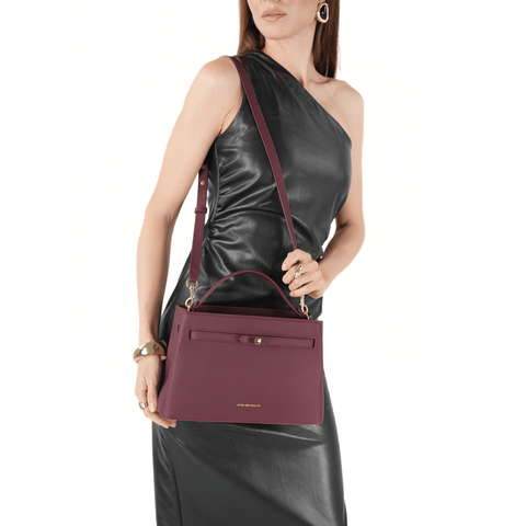 Woman atelier galin cube lock burgundy handbag long strap