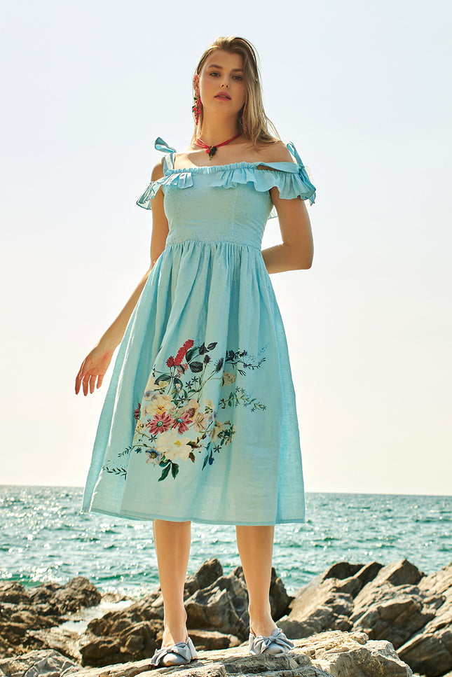 Petra Petrova | Off-The-Shoulder  Blue Linen Flower Dress Bella Bella