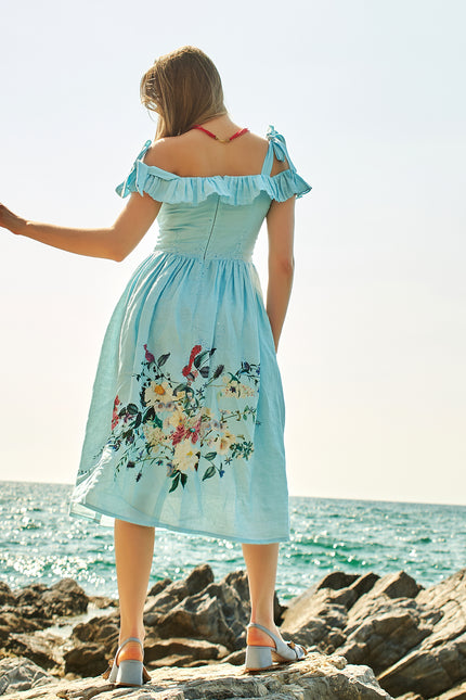 Petra Petrova | Off-The-Shoulder  Blue Linen Flower Dress Bella Bella