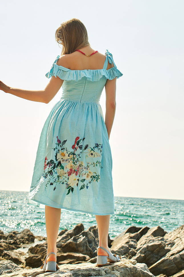 Petra Petrova | Off-The-Shoulder  Blue Linen Flower Dress Bella Bella