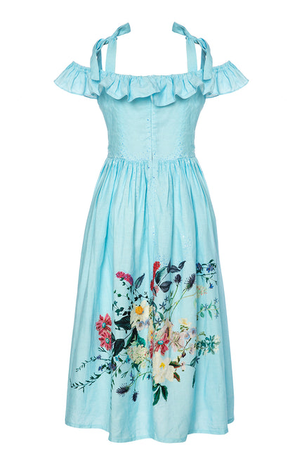 Petra Petrova | Off-The-Shoulder  Blue Linen Flower Dress Bella Bella