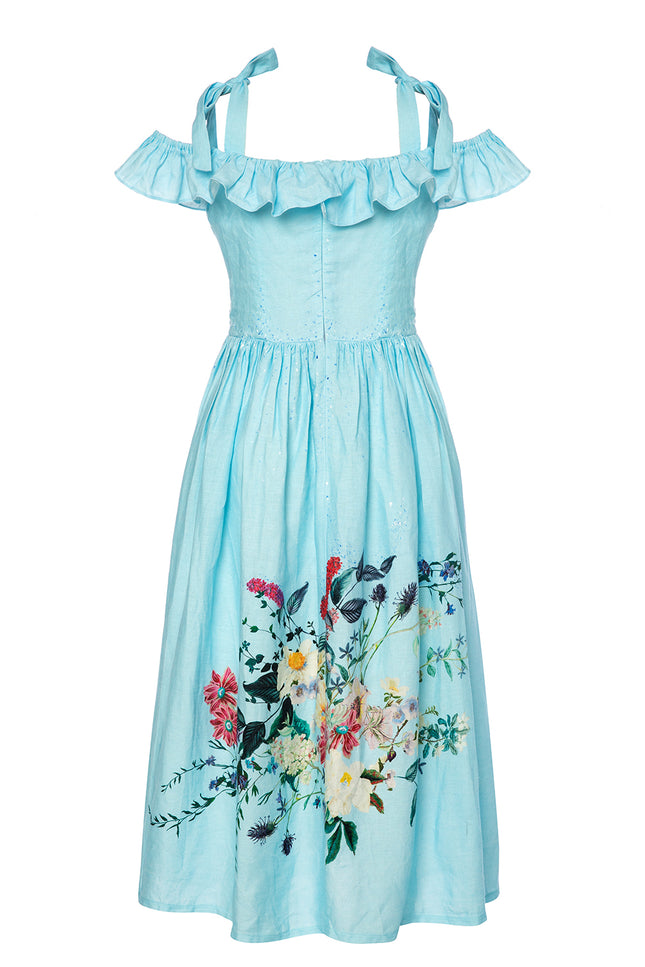 Petra Petrova | Off-The-Shoulder  Blue Linen Flower Dress Bella Bella