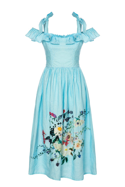 Petra Petrova | Off-The-Shoulder  Blue Linen Flower Dress Bella Bella