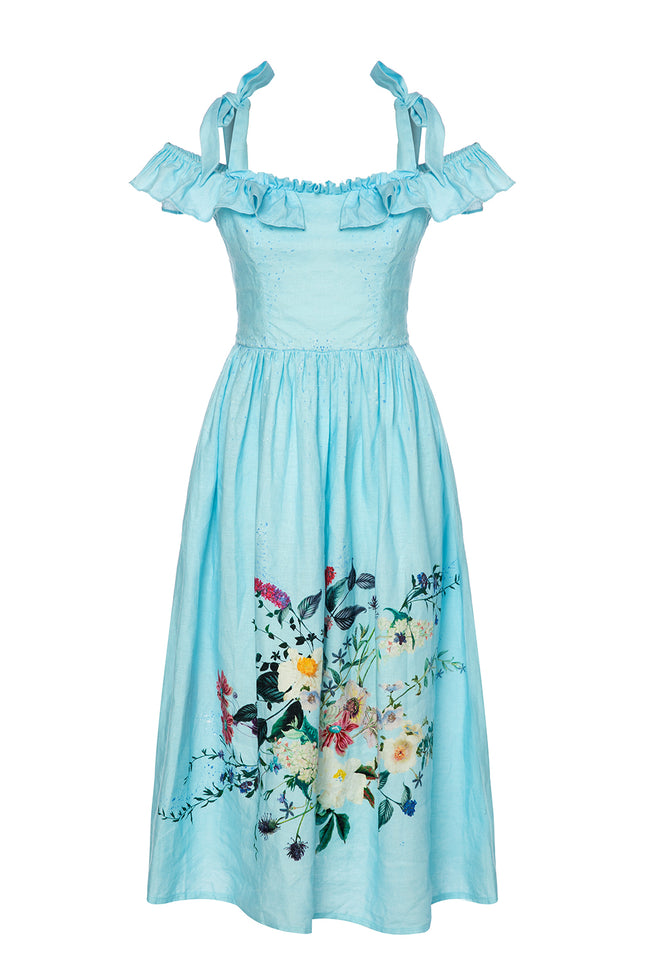 Petra Petrova | Off-The-Shoulder  Blue Linen Flower Dress Bella Bella